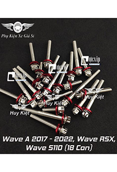Bộ Ốc Lốc Máy Salaya Inox 304 + Lông Đền Nhôm Đỏ Cho Wave A 2017 - 2022, Wave RSX, Wave S110 (18 Con) MS5558
